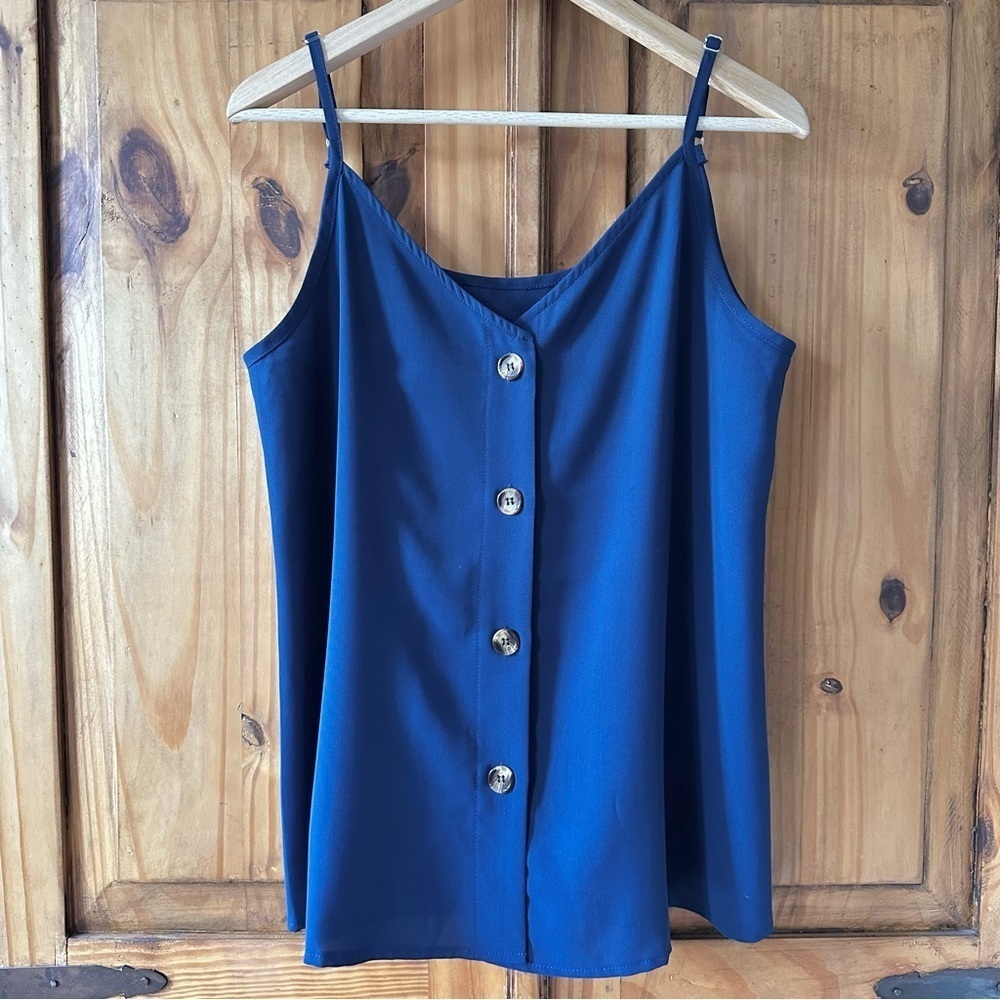 A-Line Button Down Sleeveless Blouse Adjustable Straps Tank Top Navy Blue - L